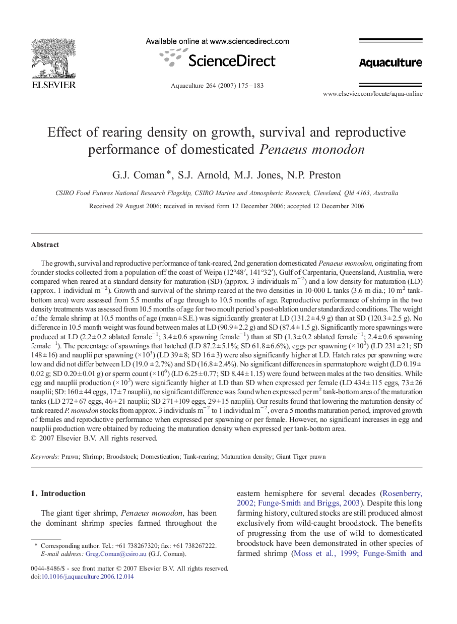 Effect of rearing density on growth, survival and reproductive performance of domesticated Penaeus monodon