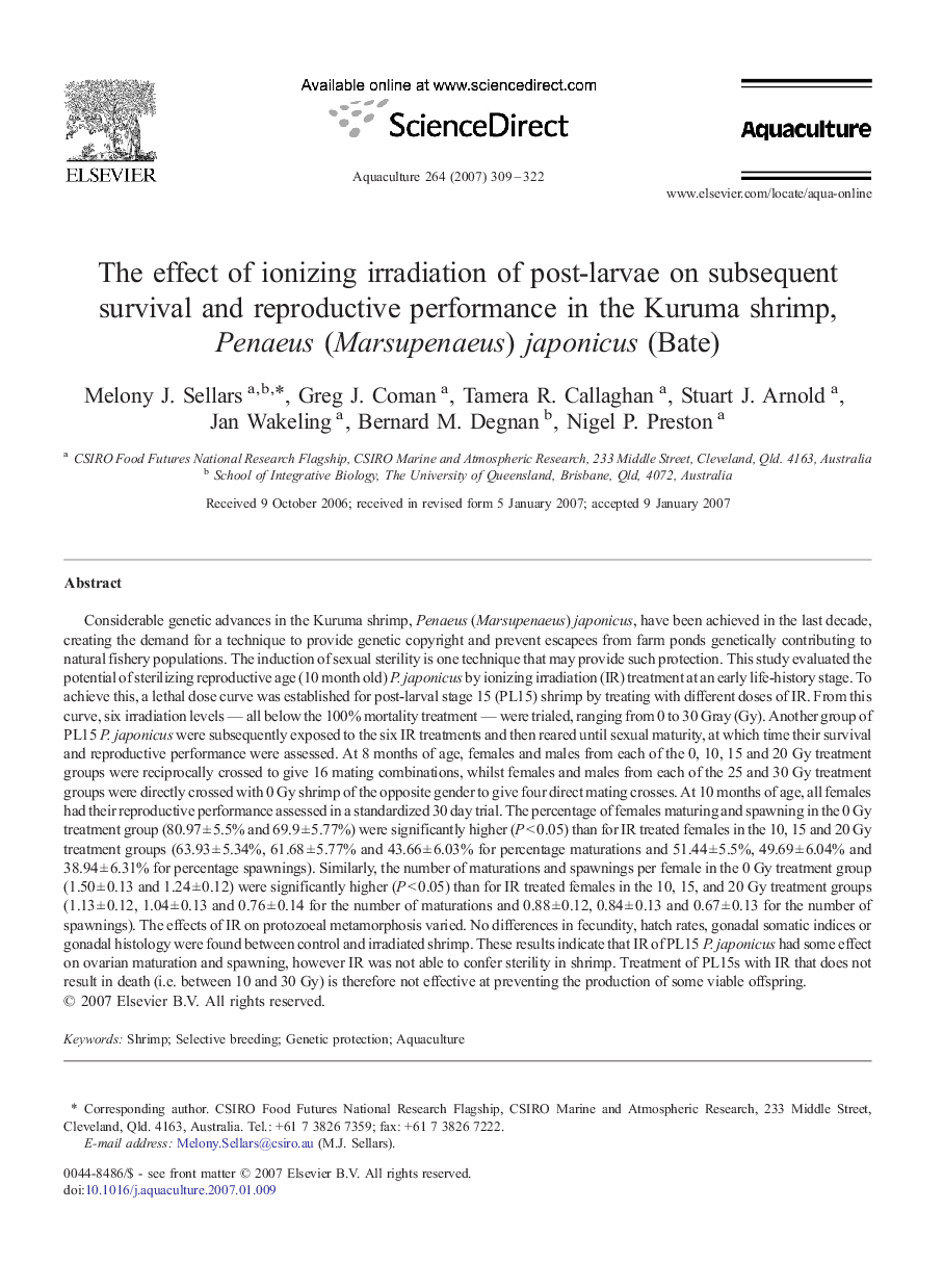 The effect of ionizing irradiation of post-larvae on subsequent survival and reproductive performance in the Kuruma shrimp, Penaeus (Marsupenaeus) japonicus (Bate)