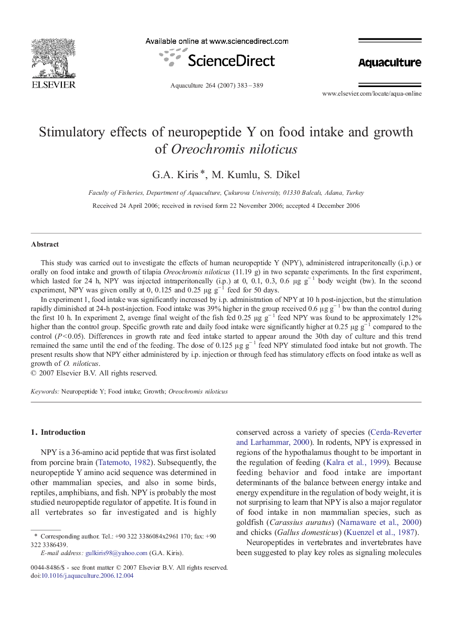 Stimulatory effects of neuropeptide Y on food intake and growth of Oreochromis niloticus