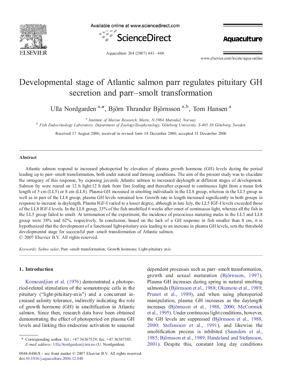 Developmental stage of Atlantic salmon parr regulates pituitary GH secretion and parr–smolt transformation