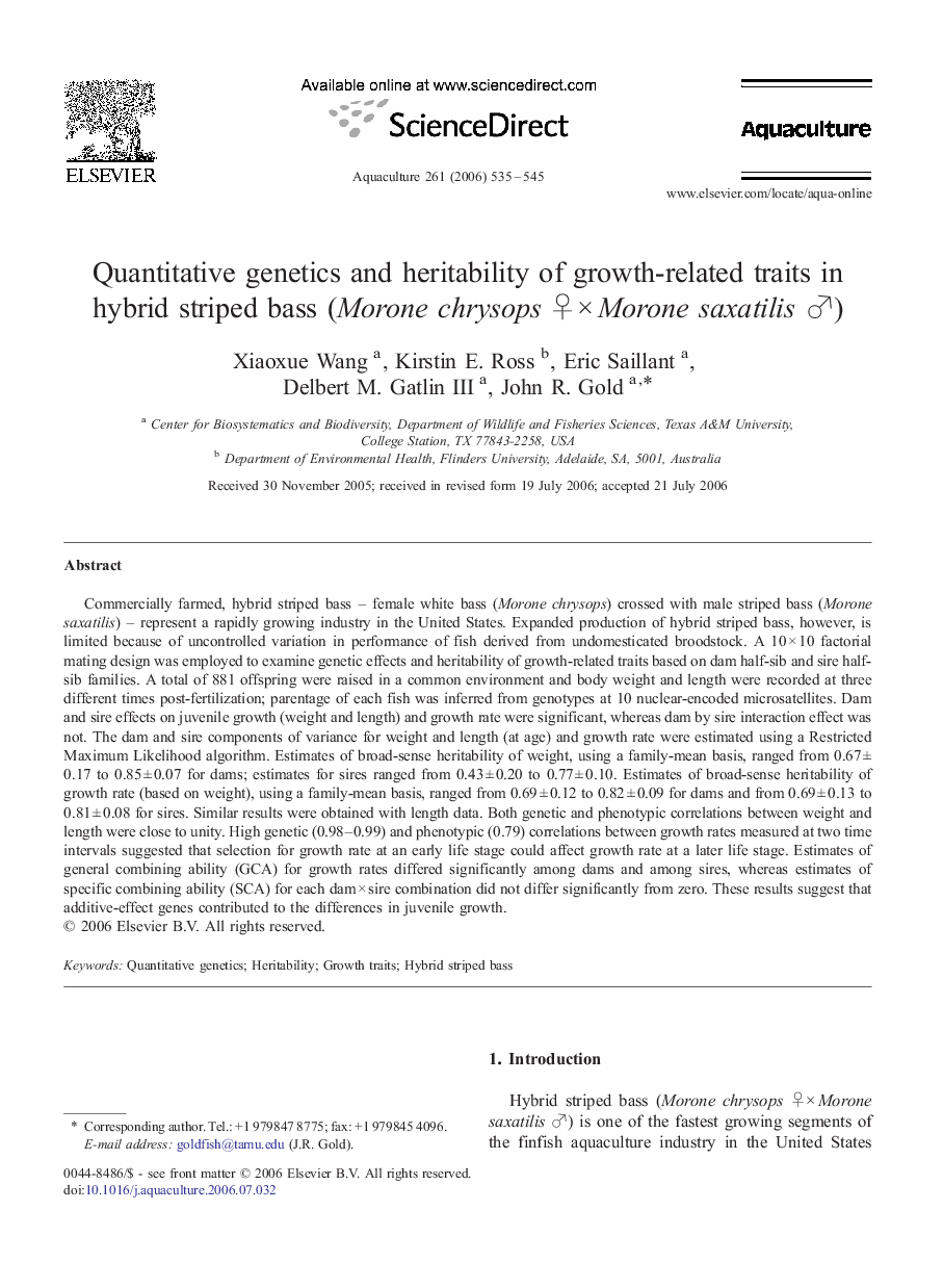 Quantitative genetics and heritability of growth-related traits in hybrid striped bass (Morone chrysops ♀ × Morone saxatilis ♂)