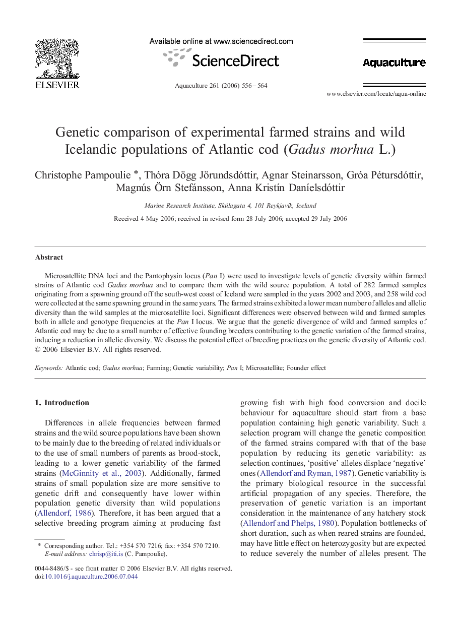 Genetic comparison of experimental farmed strains and wild Icelandic populations of Atlantic cod (Gadus morhua L.)