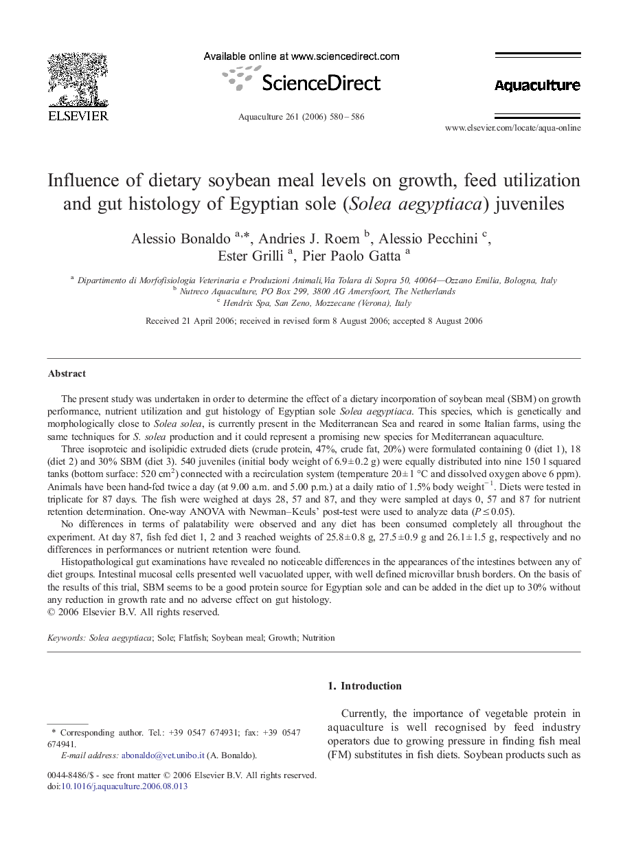 Influence of dietary soybean meal levels on growth, feed utilization and gut histology of Egyptian sole (Solea aegyptiaca) juveniles