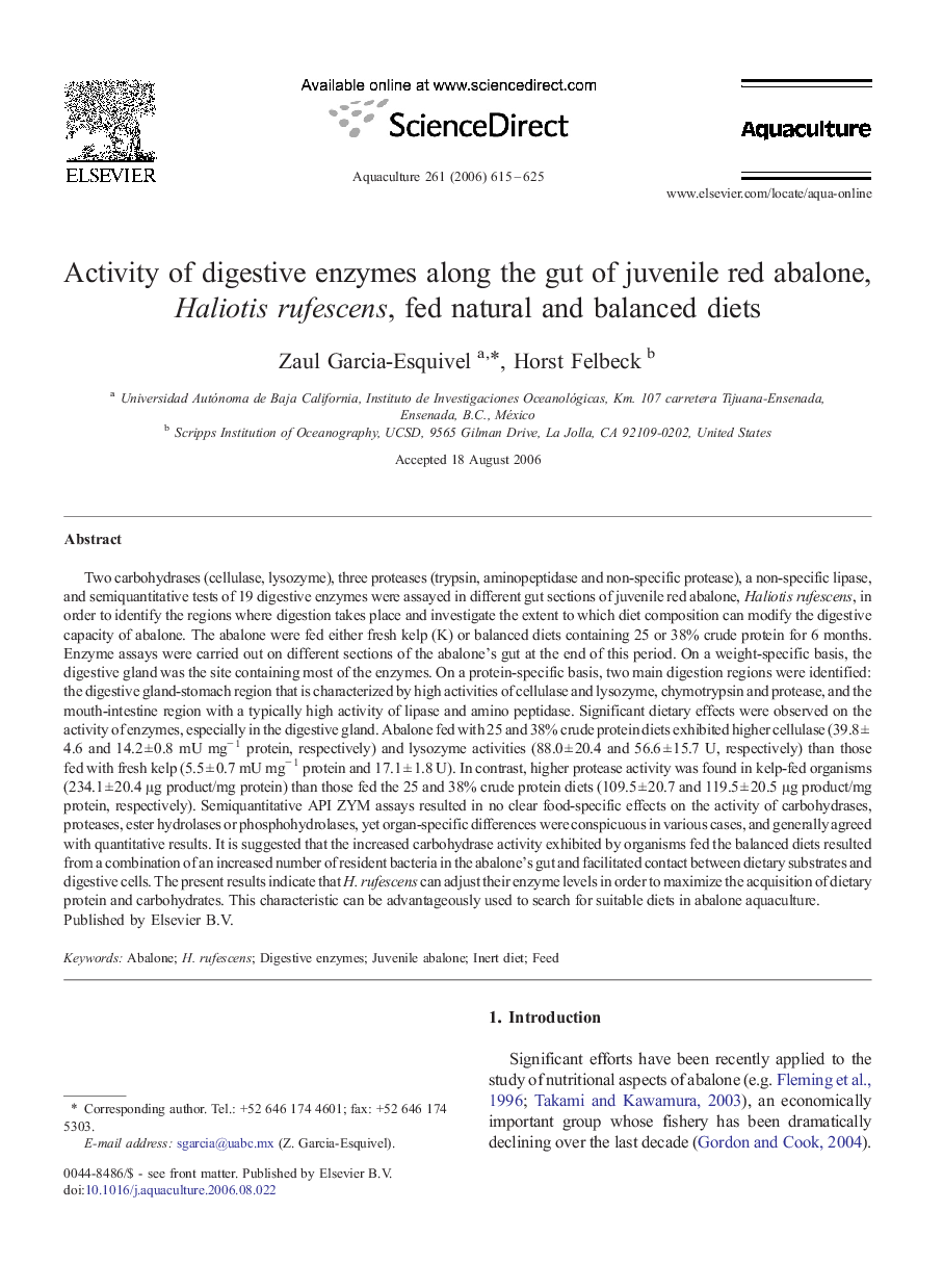 Activity of digestive enzymes along the gut of juvenile red abalone, Haliotis rufescens, fed natural and balanced diets