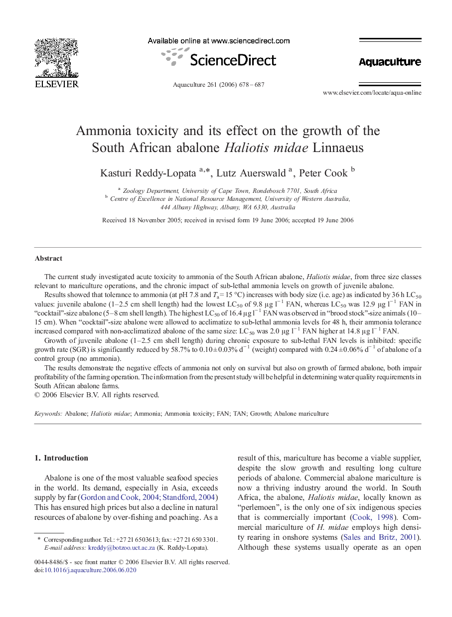 Ammonia toxicity and its effect on the growth of the South African abalone Haliotis midae Linnaeus