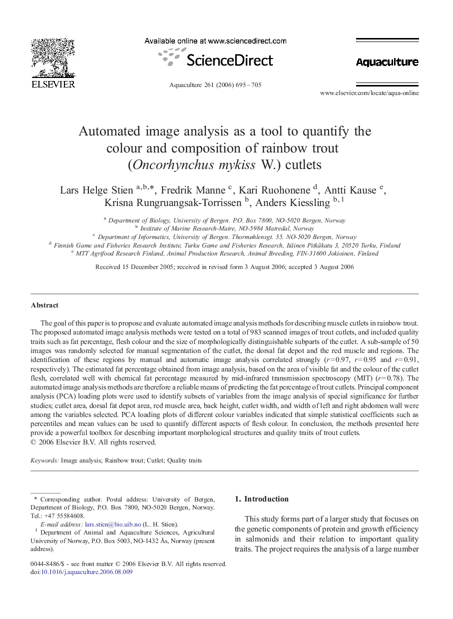 Automated image analysis as a tool to quantify the colour and composition of rainbow trout (Oncorhynchus mykiss W.) cutlets