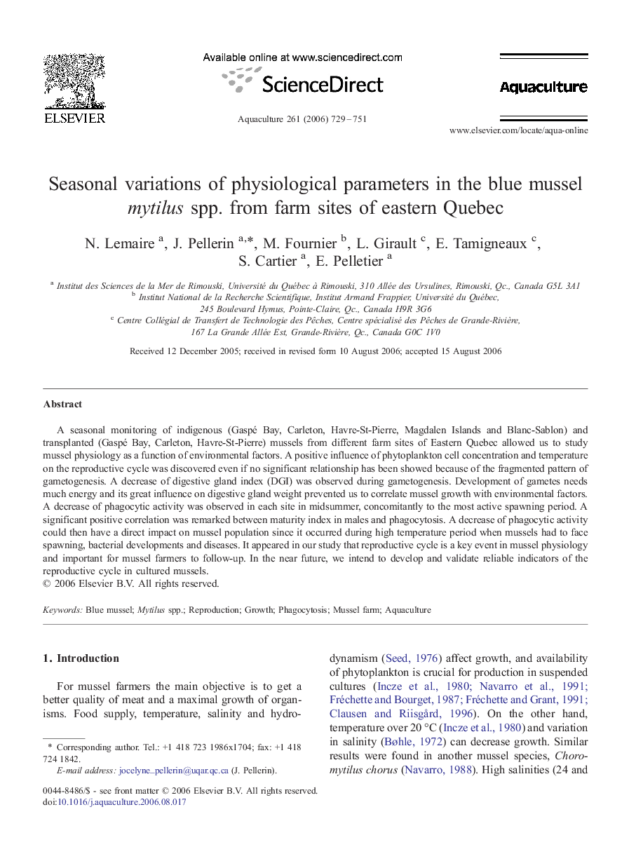 Seasonal variations of physiological parameters in the blue mussel mytilus spp. from farm sites of eastern Quebec