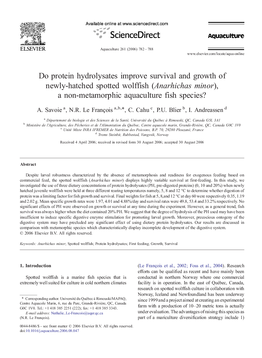 Do protein hydrolysates improve survival and growth of newly-hatched spotted wolffish (Anarhichas minor), a non-metamorphic aquaculture fish species?