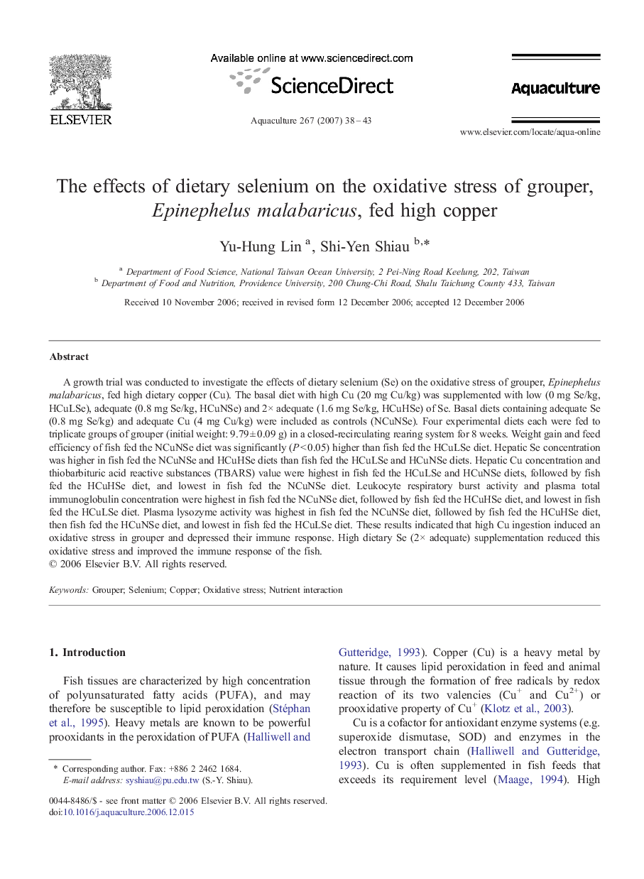 The effects of dietary selenium on the oxidative stress of grouper, Epinephelus malabaricus, fed high copper