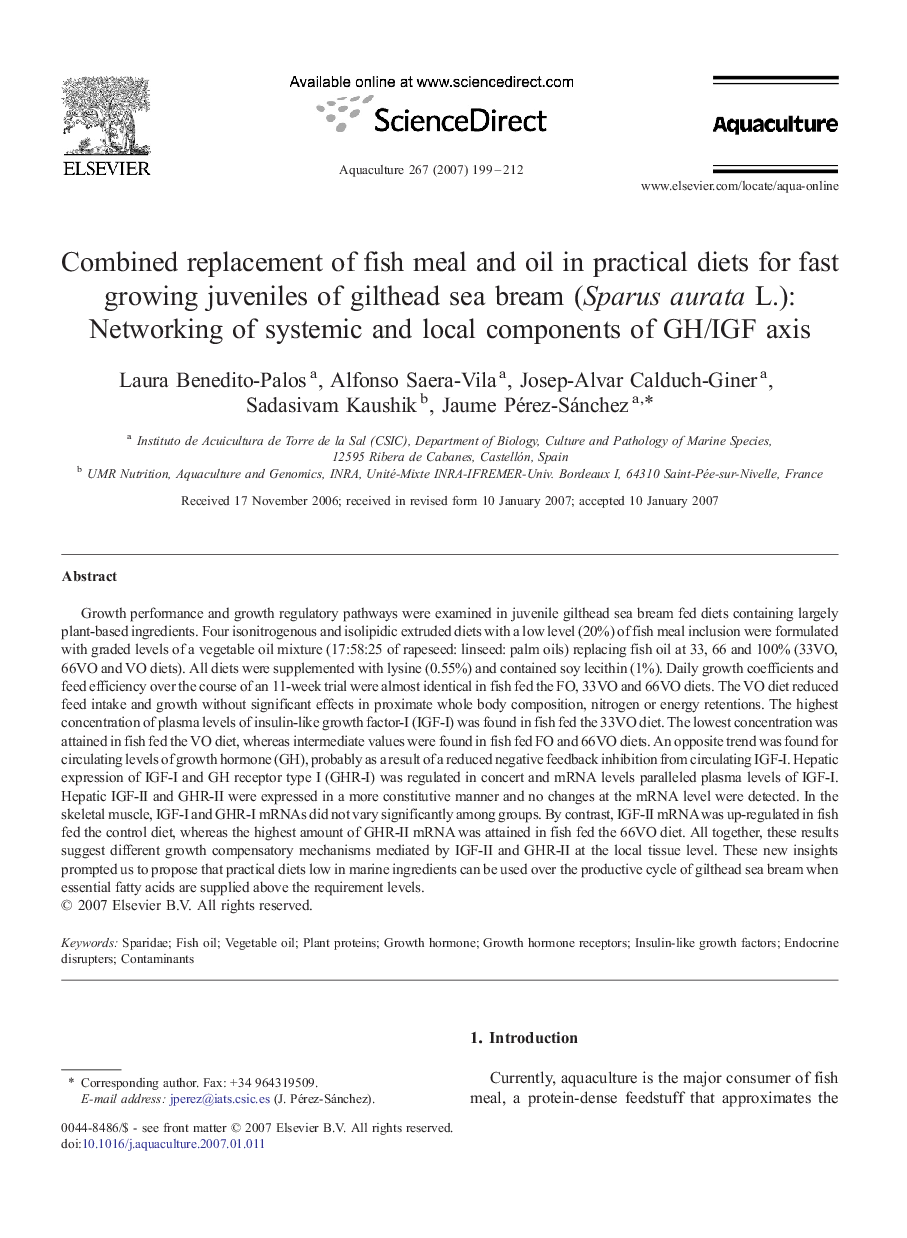 Combined replacement of fish meal and oil in practical diets for fast growing juveniles of gilthead sea bream (Sparus aurata L.): Networking of systemic and local components of GH/IGF axis