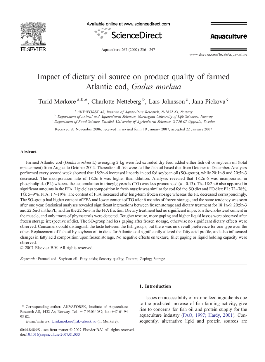 Impact of dietary oil source on product quality of farmed Atlantic cod, Gadus morhua