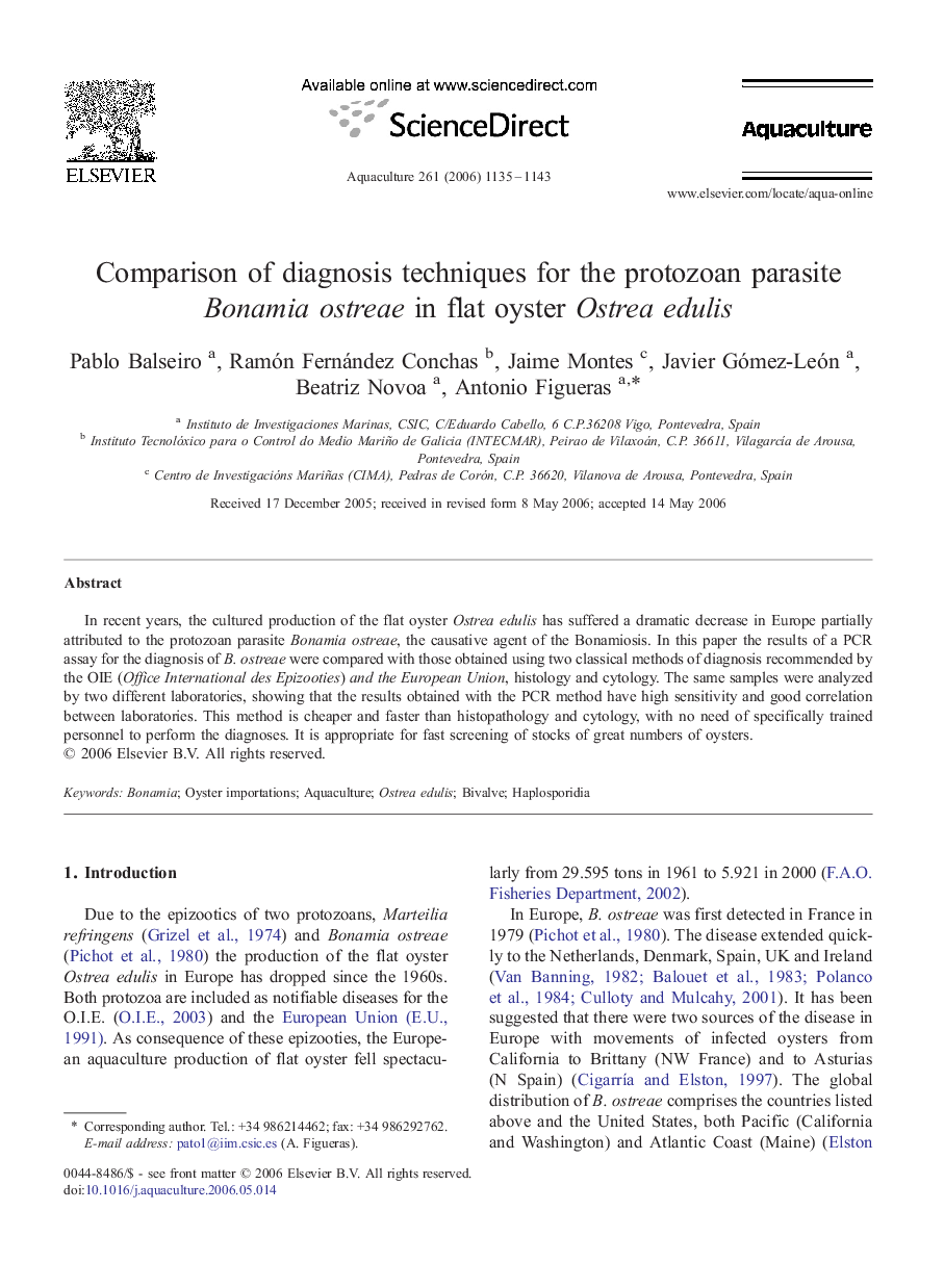 Comparison of diagnosis techniques for the protozoan parasite Bonamia ostreae in flat oyster Ostrea edulis