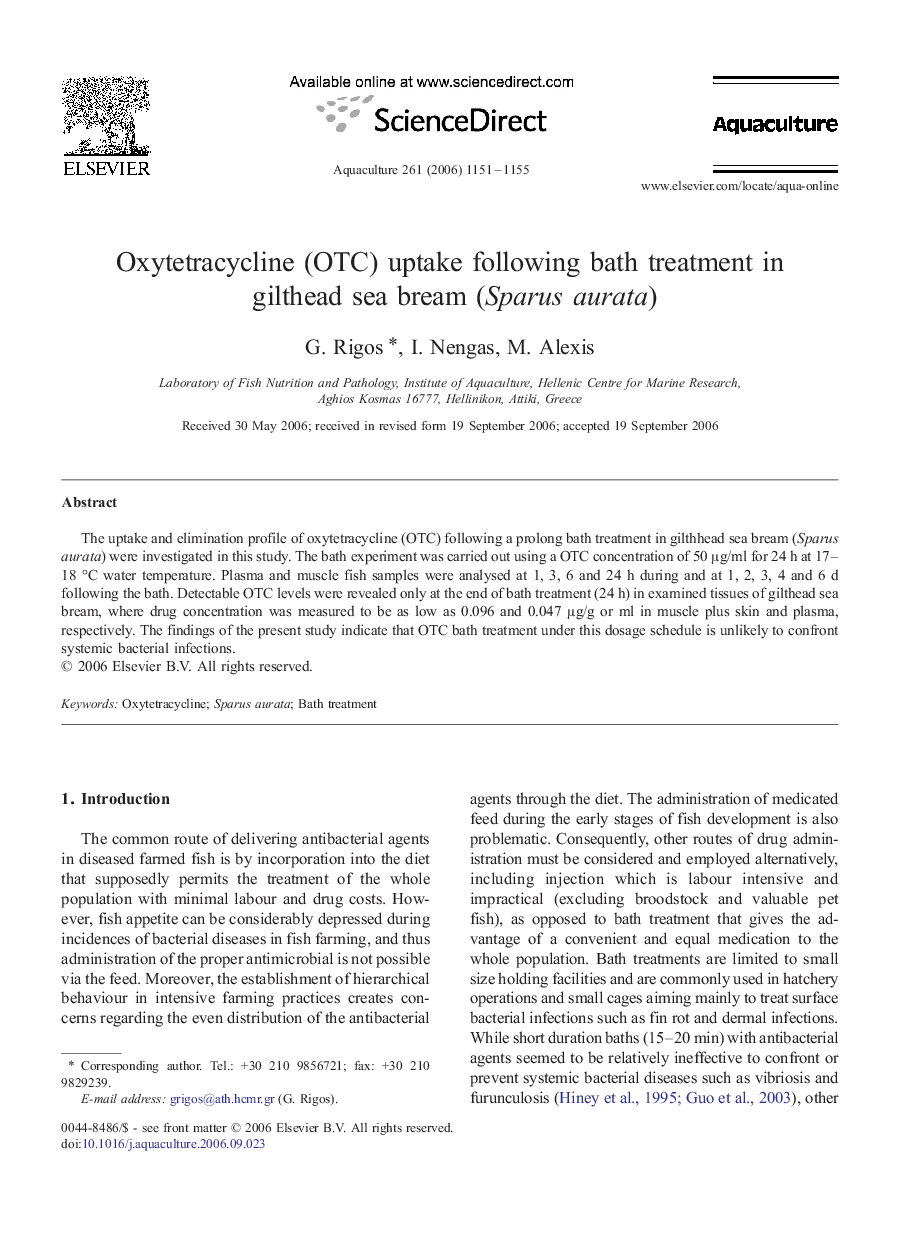 Oxytetracycline (OTC) uptake following bath treatment in gilthead sea bream (Sparus aurata)