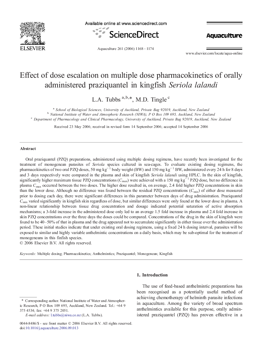 Effect of dose escalation on multiple dose pharmacokinetics of orally administered praziquantel in kingfish Seriola lalandi