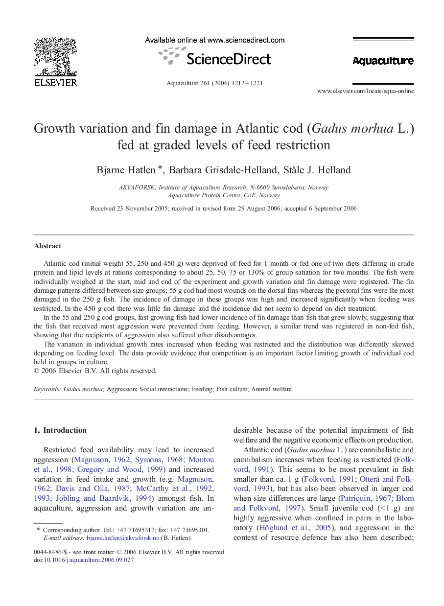 Growth variation and fin damage in Atlantic cod (Gadus morhua L.) fed at graded levels of feed restriction