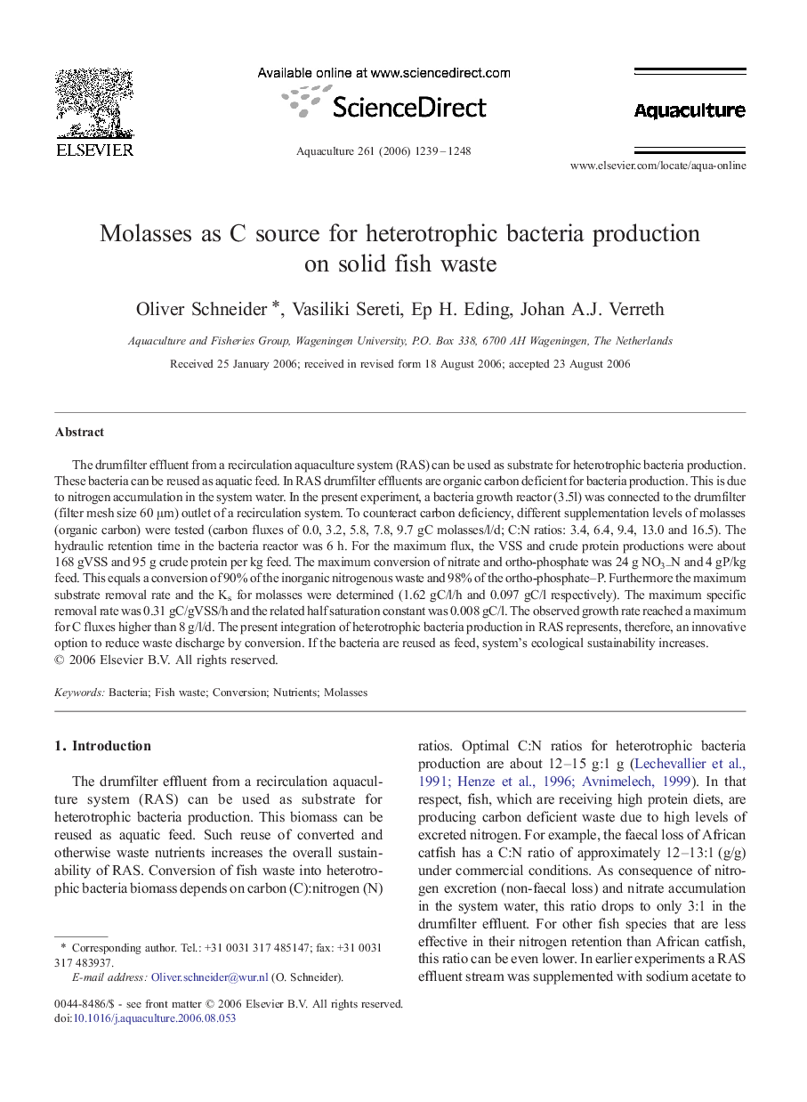 Molasses as C source for heterotrophic bacteria production on solid fish waste