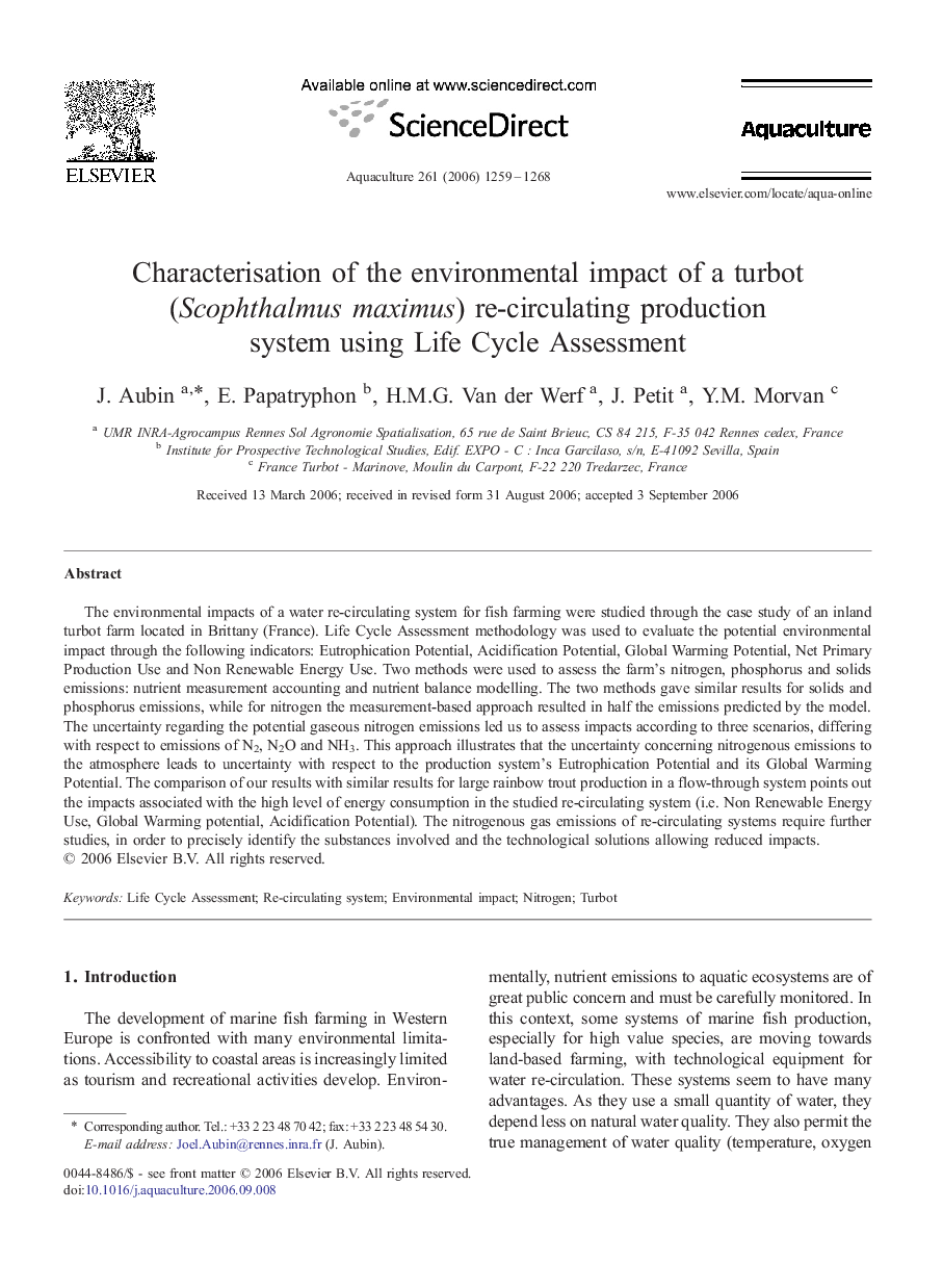 Characterisation of the environmental impact of a turbot (Scophthalmus maximus) re-circulating production system using Life Cycle Assessment