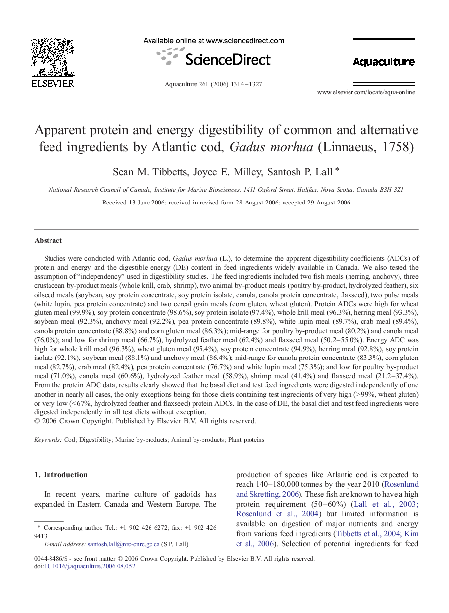 Apparent protein and energy digestibility of common and alternative feed ingredients by Atlantic cod, Gadus morhua (Linnaeus, 1758)