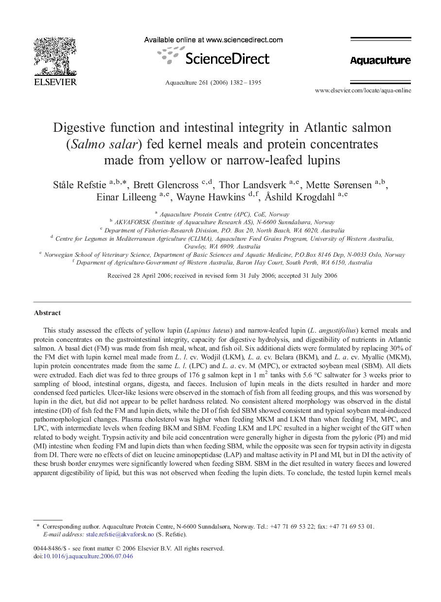 Digestive function and intestinal integrity in Atlantic salmon (Salmo salar) fed kernel meals and protein concentrates made from yellow or narrow-leafed lupins