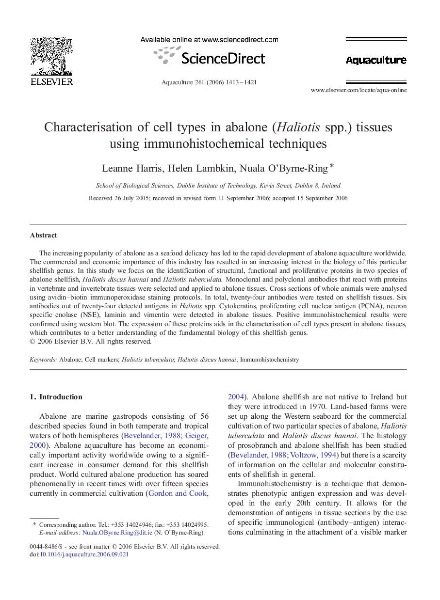 Characterisation of cell types in abalone (Haliotis spp.) tissues using immunohistochemical techniques