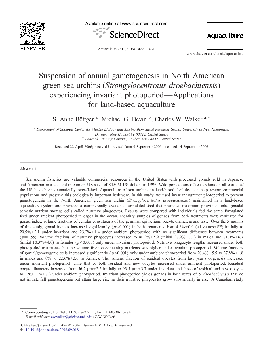 Suspension of annual gametogenesis in North American green sea urchins (Strongylocentrotus droebachiensis) experiencing invariant photoperiod—Applications for land-based aquaculture