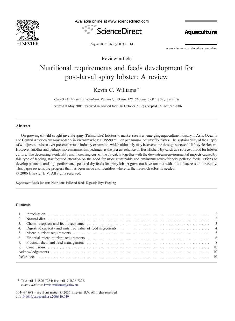 Nutritional requirements and feeds development for post-larval spiny lobster: A review