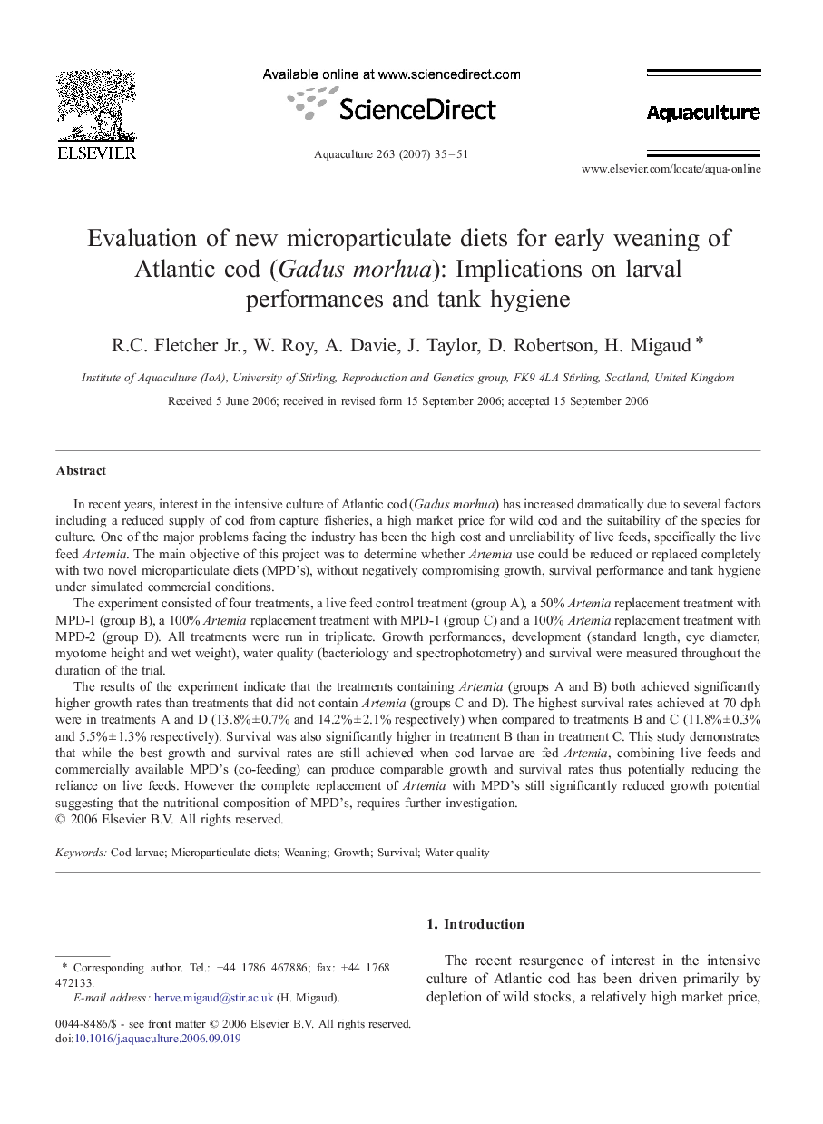 Evaluation of new microparticulate diets for early weaning of Atlantic cod (Gadus morhua): Implications on larval performances and tank hygiene