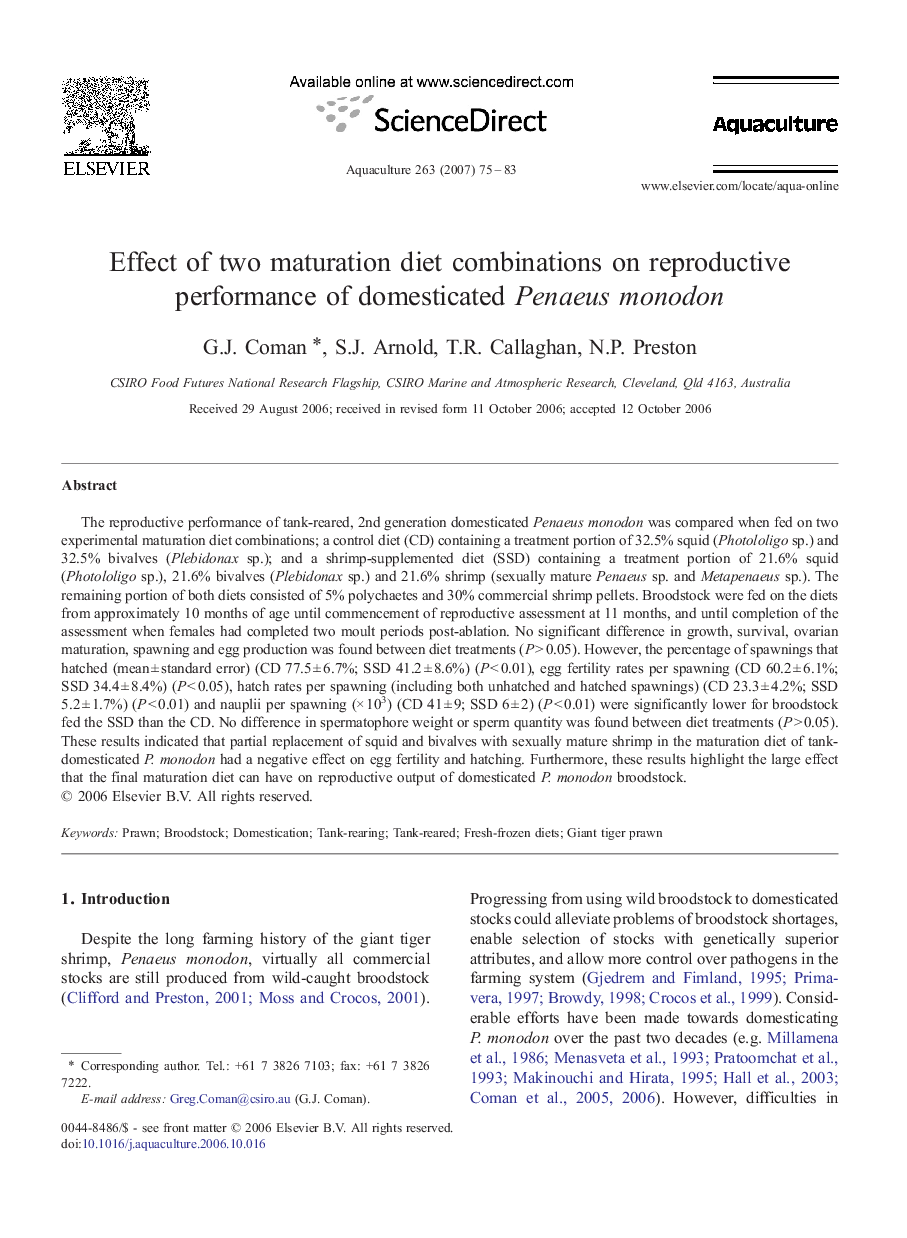 Effect of two maturation diet combinations on reproductive performance of domesticated Penaeus monodon