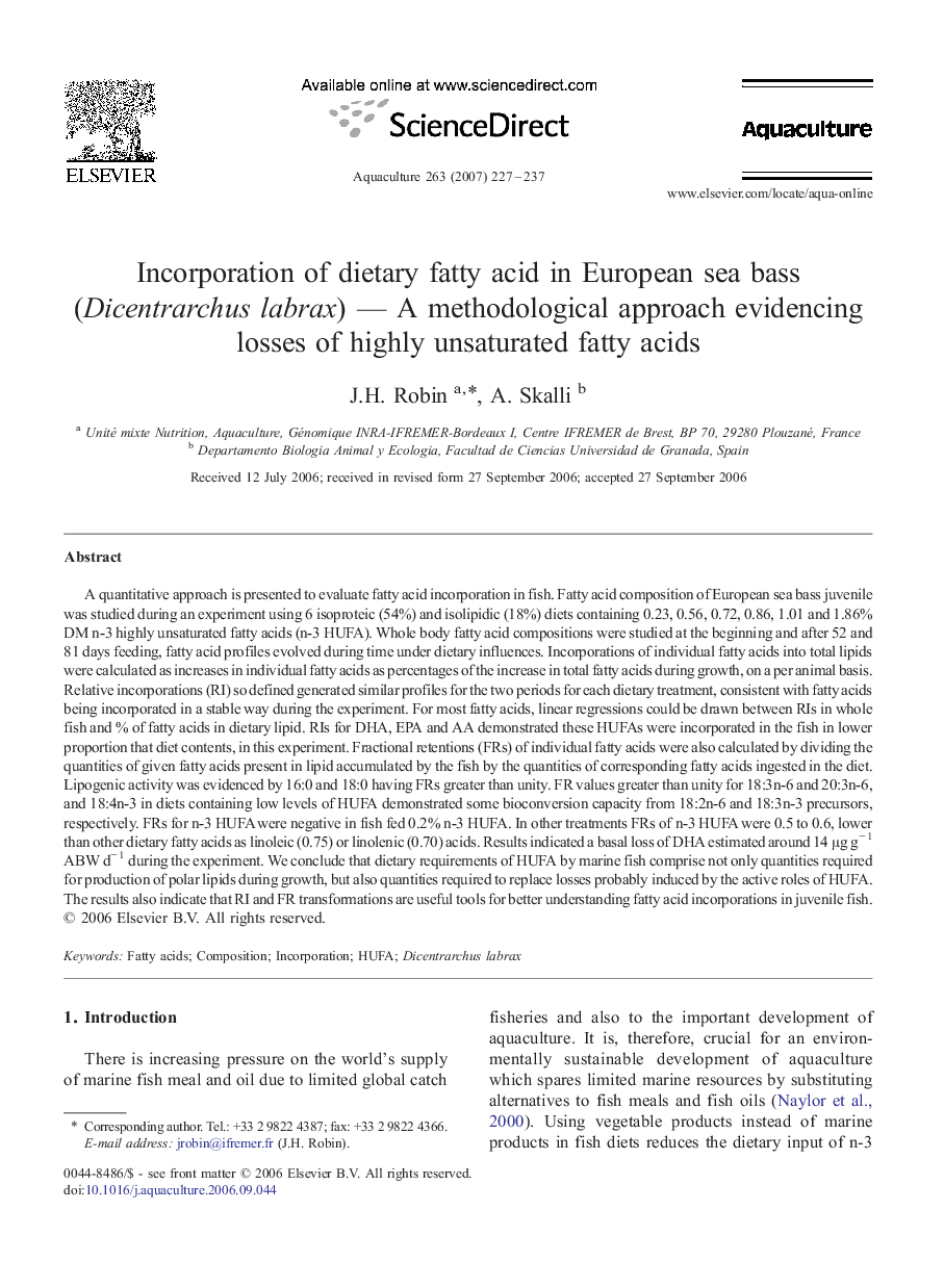 Incorporation of dietary fatty acid in European sea bass (Dicentrarchus labrax) — A methodological approach evidencing losses of highly unsaturated fatty acids