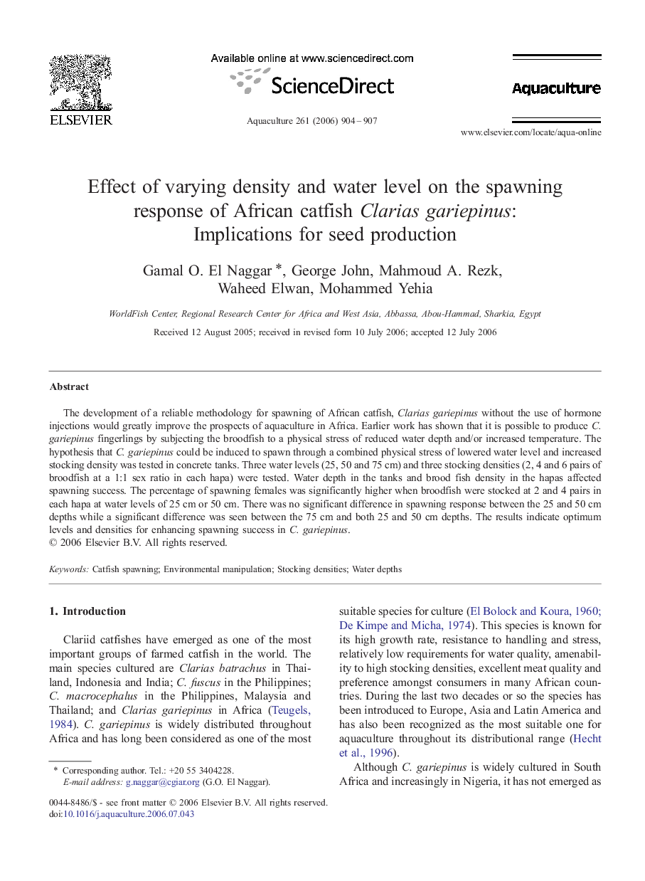 Effect of varying density and water level on the spawning response of African catfish Clarias gariepinus: Implications for seed production