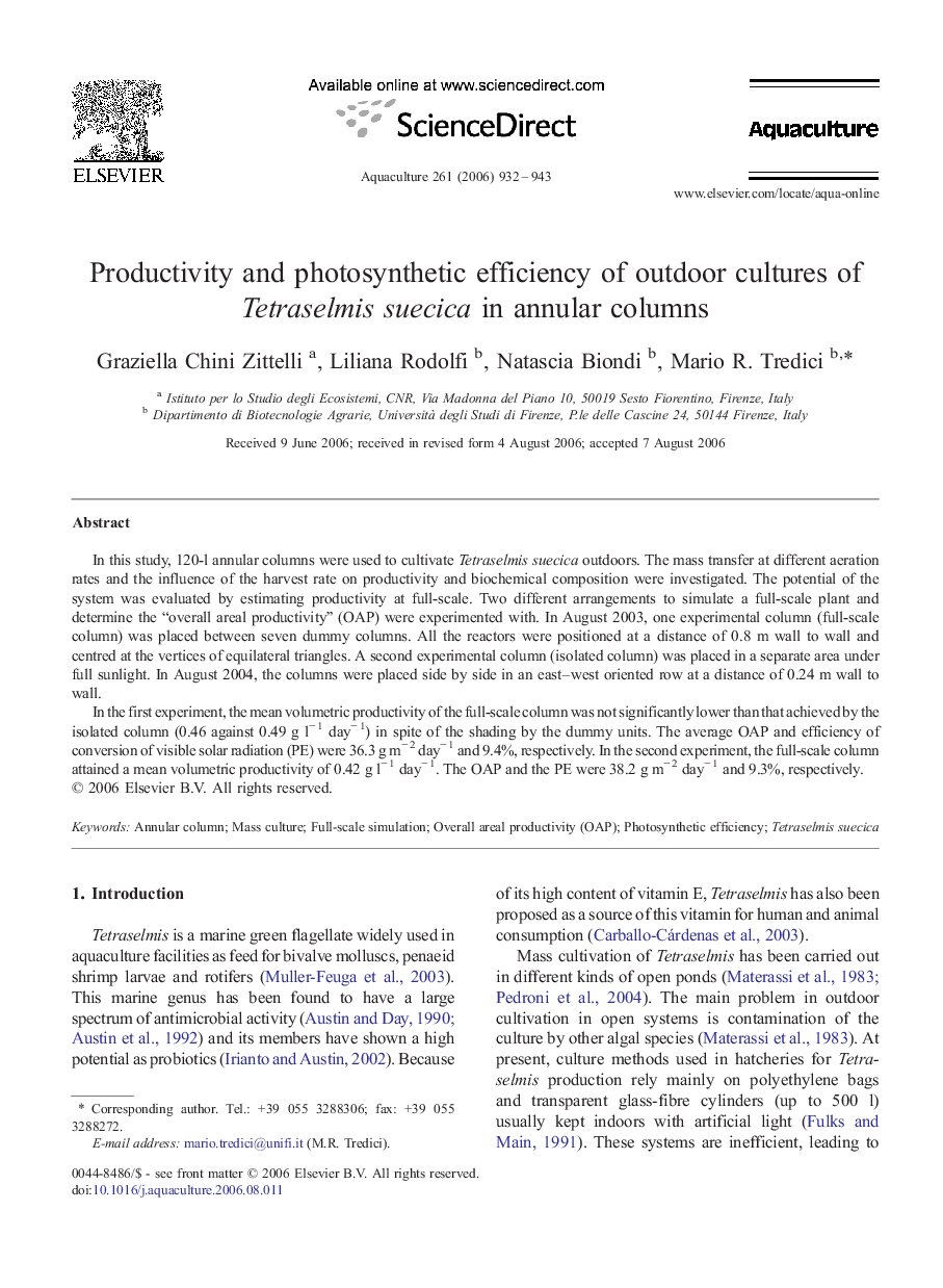 Productivity and photosynthetic efficiency of outdoor cultures of Tetraselmis suecica in annular columns