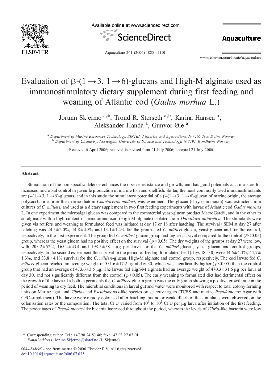 Evaluation of β-(1 → 3, 1 → 6)-glucans and High-M alginate used as immunostimulatory dietary supplement during first feeding and weaning of Atlantic cod (Gadus morhua L.)