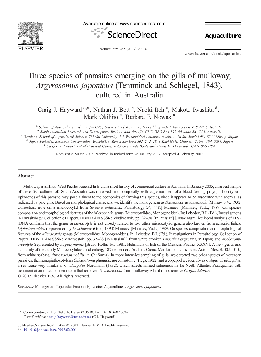 Three species of parasites emerging on the gills of mulloway, Argyrosomus japonicus (Temminck and Schlegel, 1843), cultured in Australia