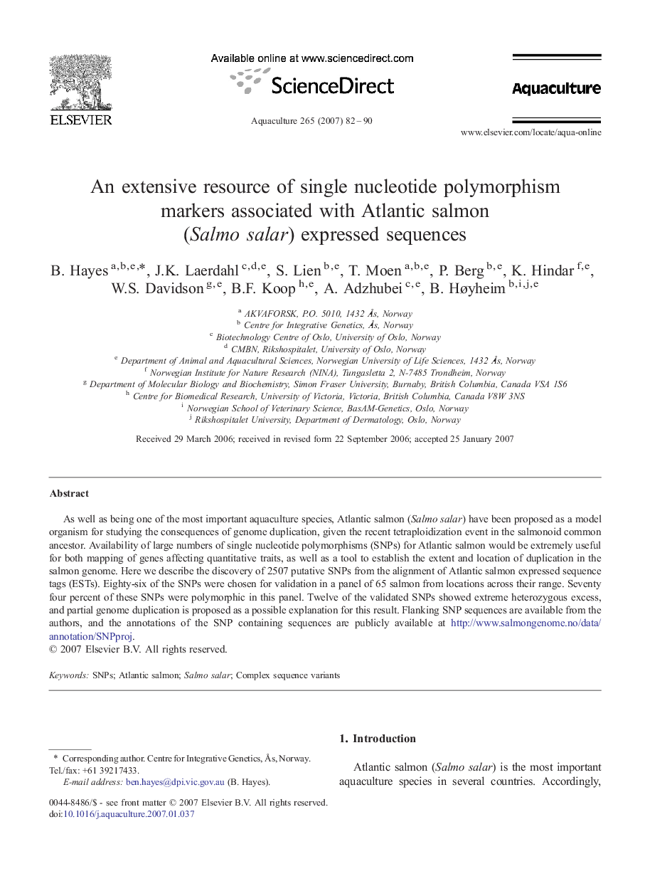 An extensive resource of single nucleotide polymorphism markers associated with Atlantic salmon (Salmo salar) expressed sequences