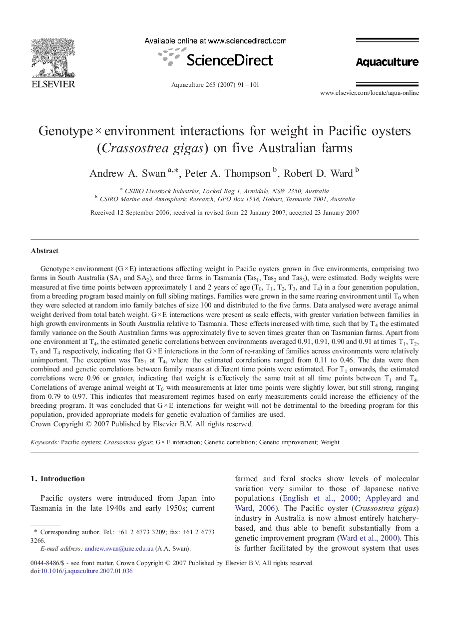 Genotype × environment interactions for weight in Pacific oysters (Crassostrea gigas) on five Australian farms