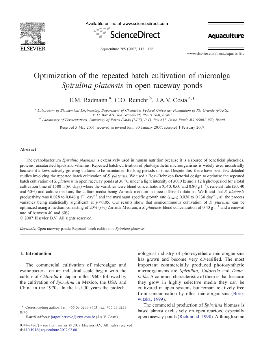 عکس صفحه اول مقاله: Optimization of the repeated batch cultivation of microalga Spirulina platensis in open raceway ponds Optimization of the repeated batch cultivation of microalga Spirulina platensis in open raceway ponds