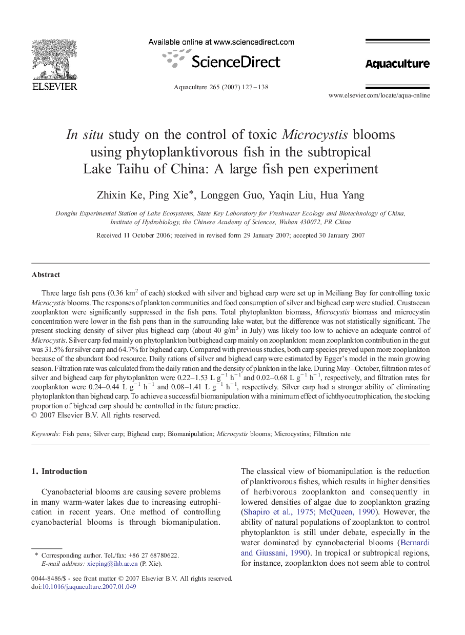 In situ study on the control of toxic Microcystis blooms using phytoplanktivorous fish in the subtropical Lake Taihu of China: A large fish pen experiment