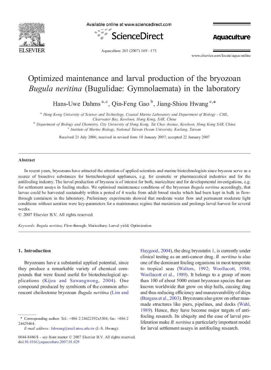 Optimized maintenance and larval production of the bryozoan Bugula neritina (Bugulidae: Gymnolaemata) in the laboratory