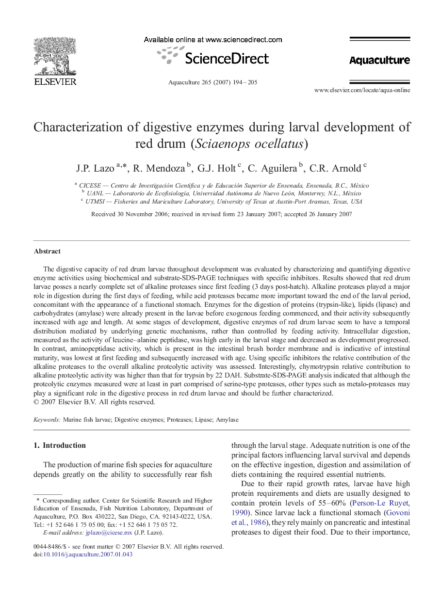 Characterization of digestive enzymes during larval development of red drum (Sciaenops ocellatus)