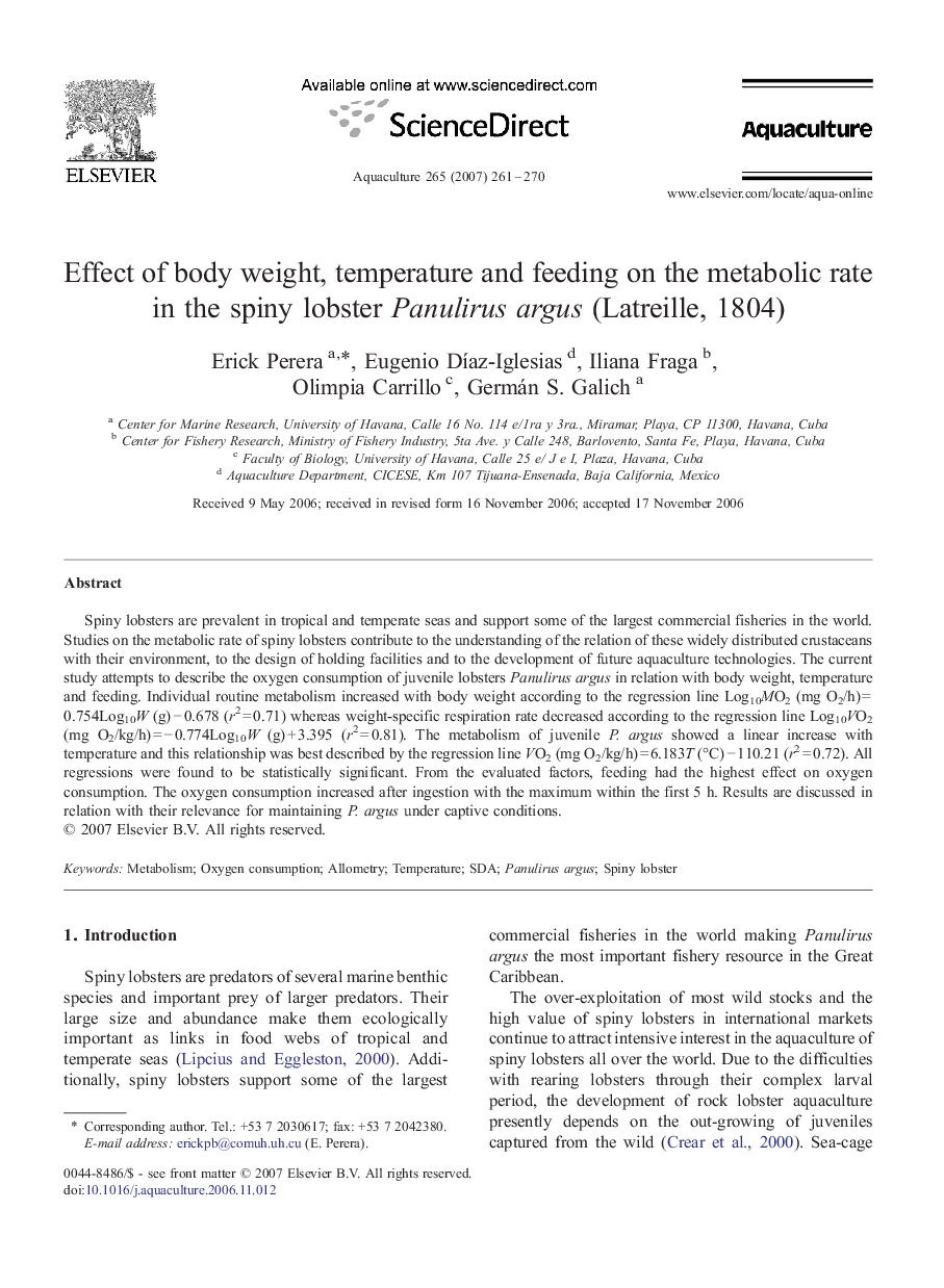 Effect of body weight, temperature and feeding on the metabolic rate in the spiny lobster Panulirus argus (Latreille, 1804)