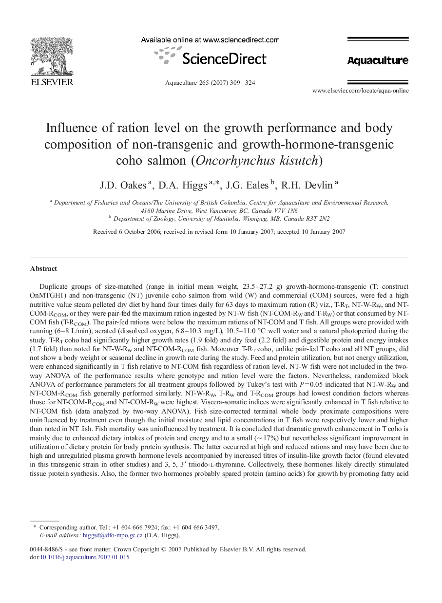 Influence of ration level on the growth performance and body composition of non-transgenic and growth-hormone-transgenic coho salmon (Oncorhynchus kisutch)