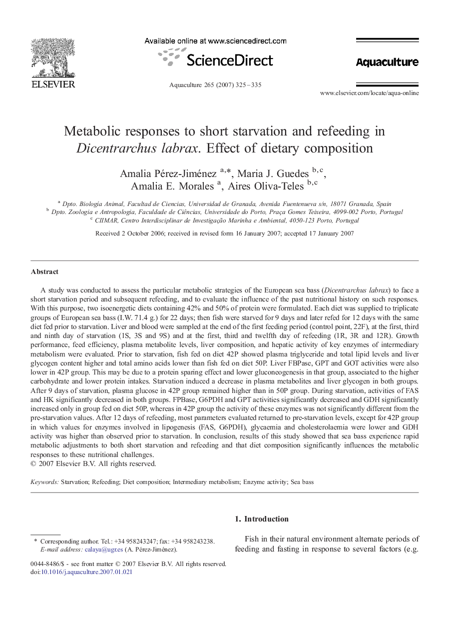 Metabolic responses to short starvation and refeeding in Dicentrarchus labrax. Effect of dietary composition