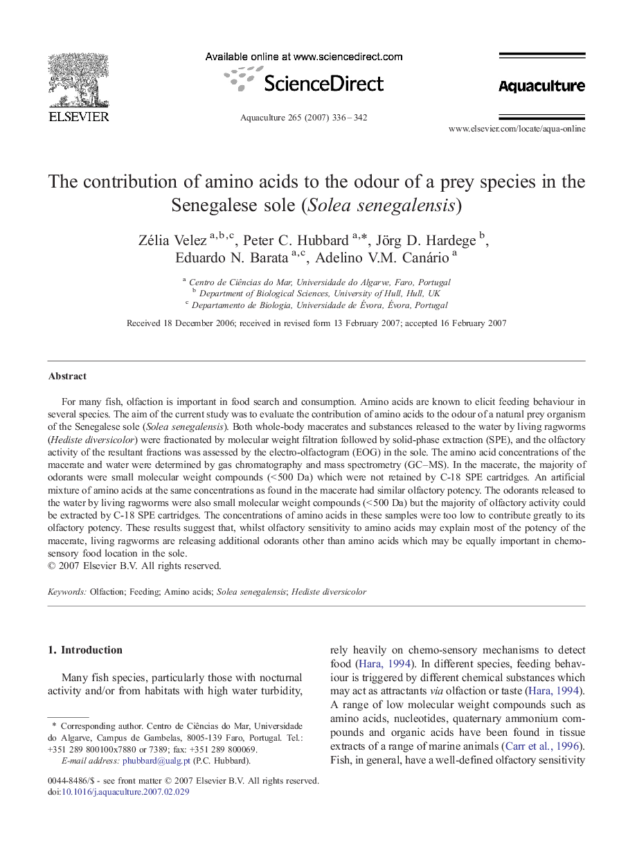 عکس صفحه اول مقاله: The contribution of amino acids to the odour of a prey species in the Senegalese sole (Solea senegalensis) The contribution of amino acids to the odour of a prey species in the Senegalese sole (Solea senegalensis)
