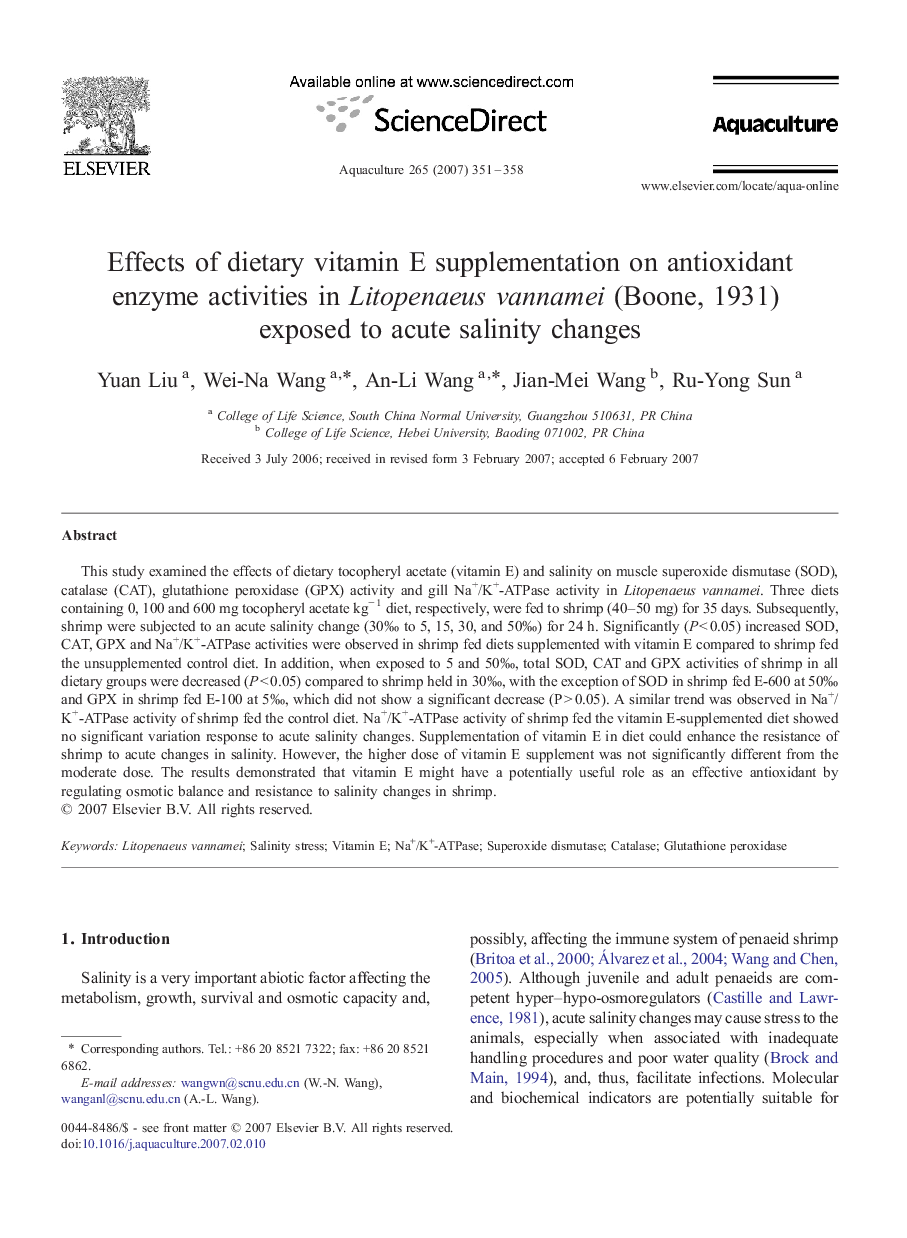 عکس صفحه اول مقاله: Effects of dietary vitamin E supplementation on antioxidant enzyme activities in Litopenaeus vannamei (Boone, 1931) exposed to acute salinity changes Effects of dietary vitamin E supplementation on antioxidant enzyme activities in Litopenaeus vannamei (Boone, 1931) exposed to acute salinity changes