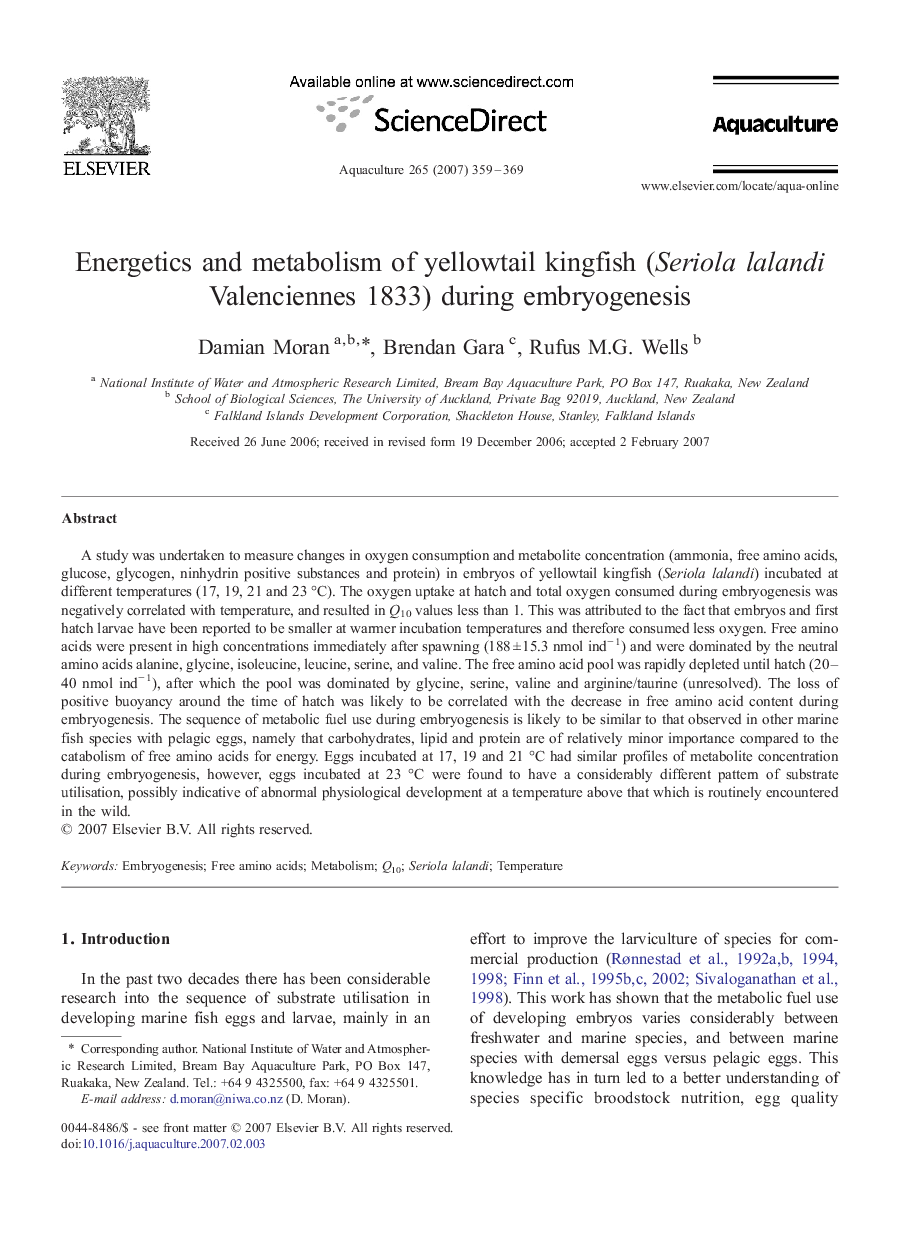 Energetics and metabolism of yellowtail kingfish (Seriola lalandi Valenciennes 1833) during embryogenesis