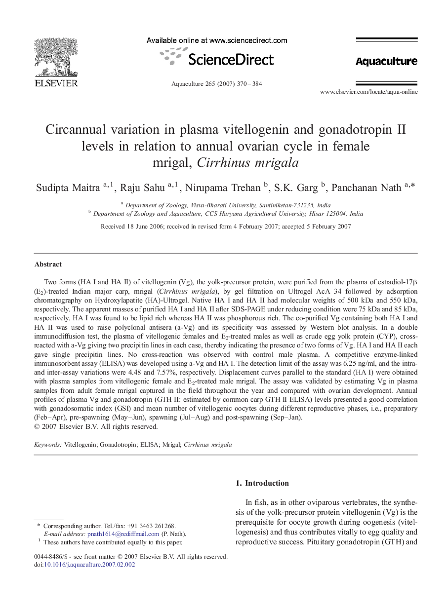 Circannual variation in plasma vitellogenin and gonadotropin II levels in relation to annual ovarian cycle in female mrigal, Cirrhinus mrigala