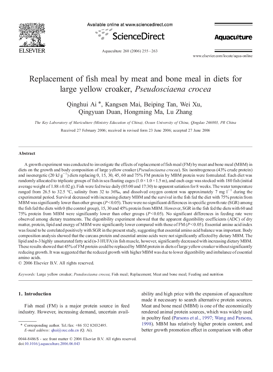 Replacement of fish meal by meat and bone meal in diets for large yellow croaker, Pseudosciaena crocea