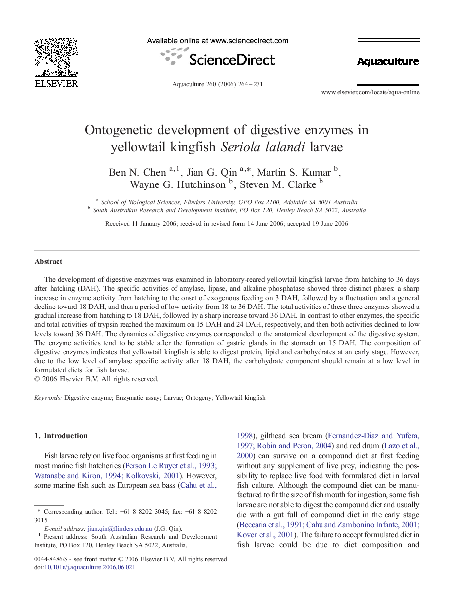 Ontogenetic development of digestive enzymes in yellowtail kingfish Seriola lalandi larvae