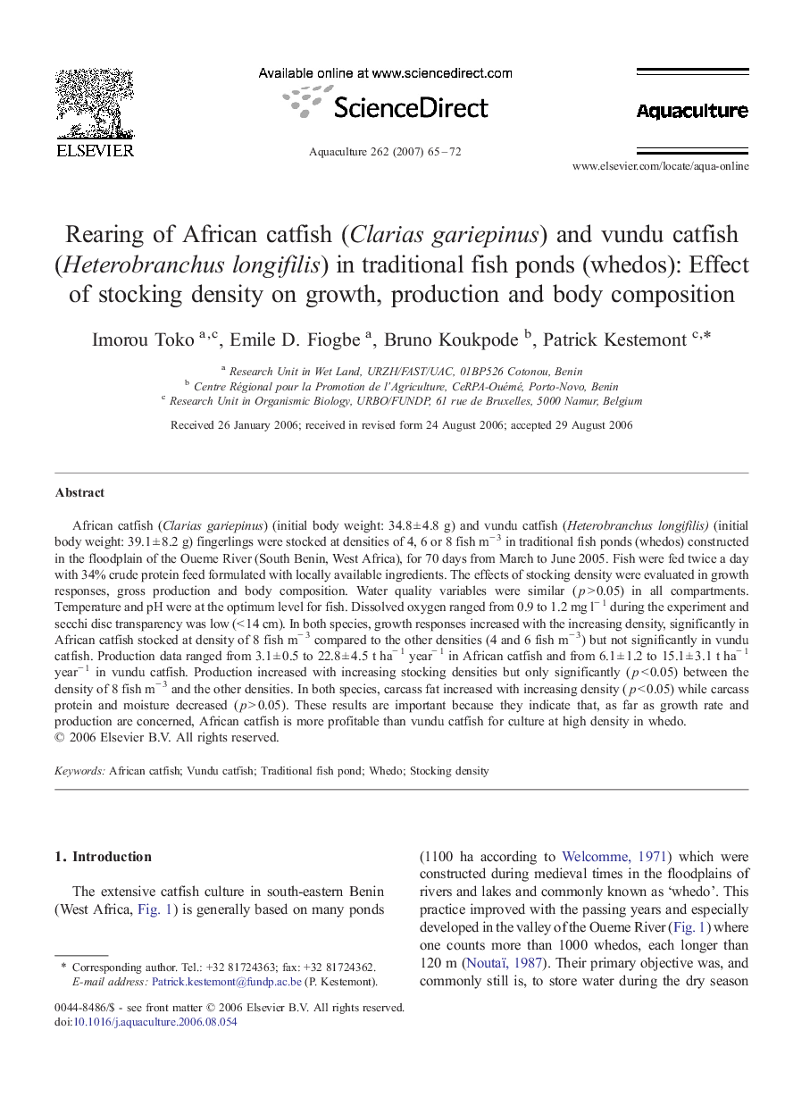 Rearing of African catfish (Clarias gariepinus) and vundu catfish (Heterobranchus longifilis) in traditional fish ponds (whedos): Effect of stocking density on growth, production and body composition