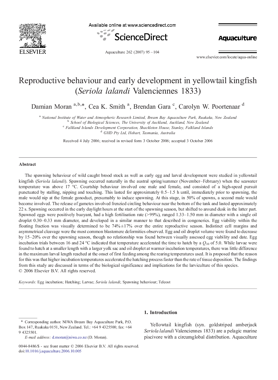 Reproductive behaviour and early development in yellowtail kingfish (Seriola lalandi Valenciennes 1833)